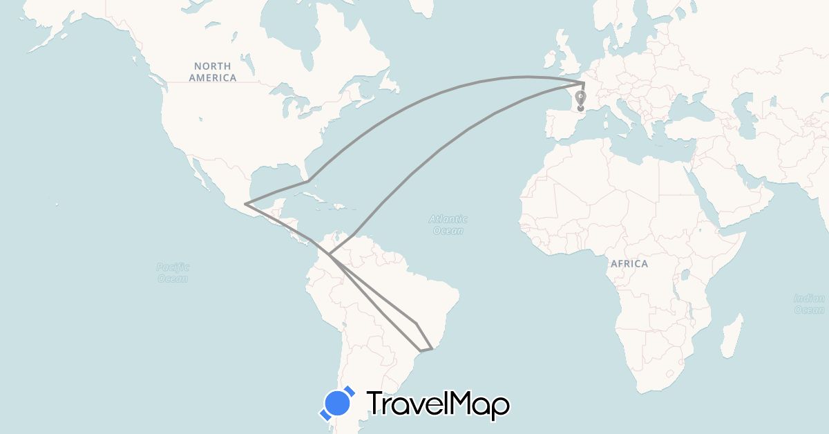 TravelMap itinerary: plane in Brazil, Colombia, France, Mexico, Panama, United States, Venezuela (Europe, North America, South America)